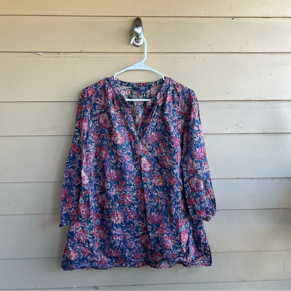 Chaps V-Neck Floral Blue Red Shirt Blouse Size 1X Modest Casual Boho